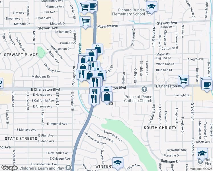 map of restaurants, bars, coffee shops, grocery stores, and more near 5191 Sir James Way in Las Vegas