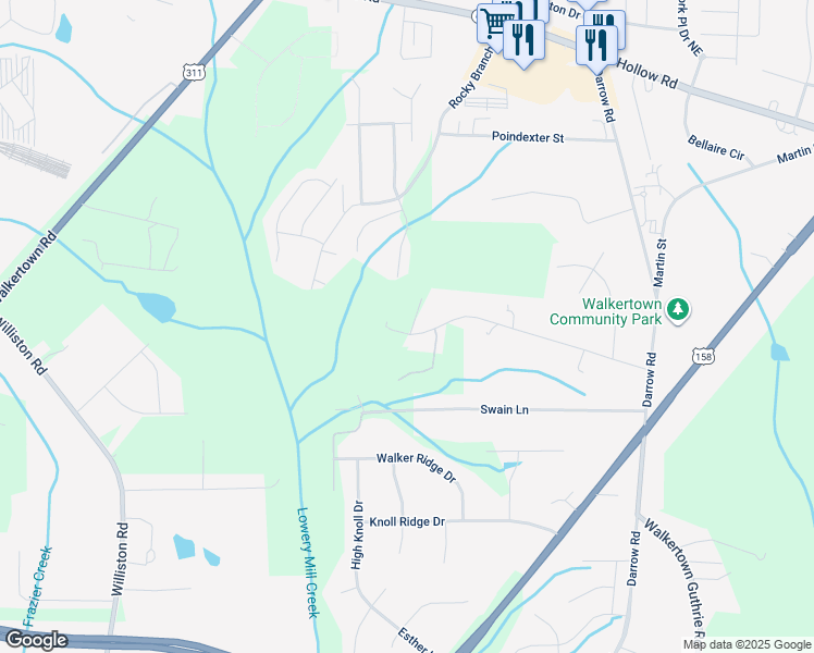 map of restaurants, bars, coffee shops, grocery stores, and more near Rocklane Drive in Walkertown