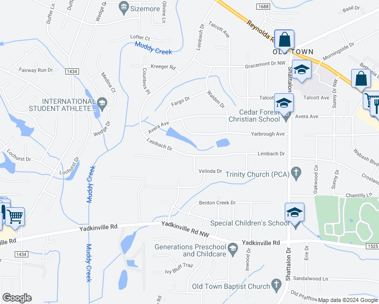 map of restaurants, bars, coffee shops, grocery stores, and more near 3975 Leinbach Drive in Winston-Salem