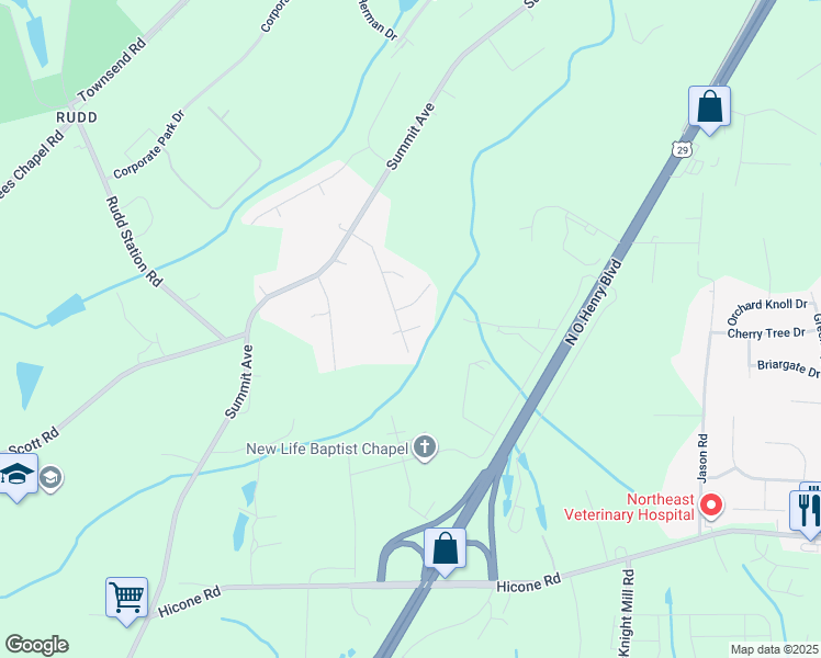 map of restaurants, bars, coffee shops, grocery stores, and more near Powell Court in Greensboro