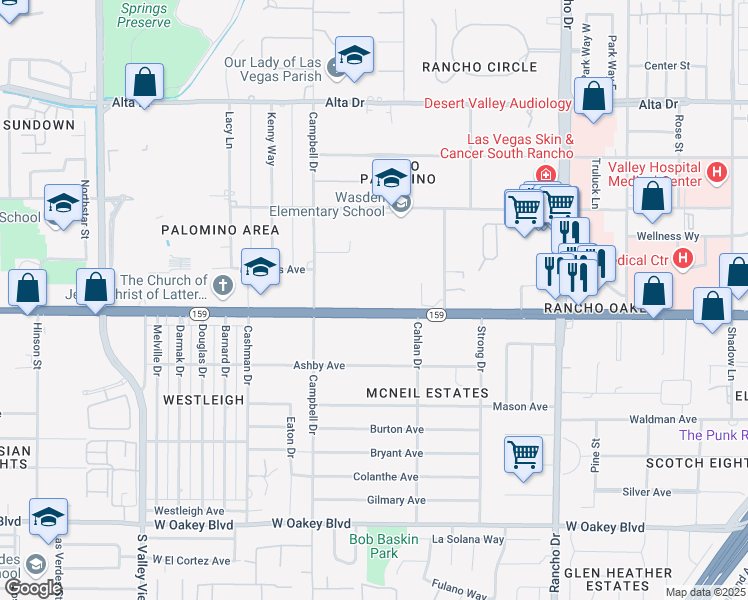 map of restaurants, bars, coffee shops, grocery stores, and more near 2820 West Charleston Boulevard in Las Vegas