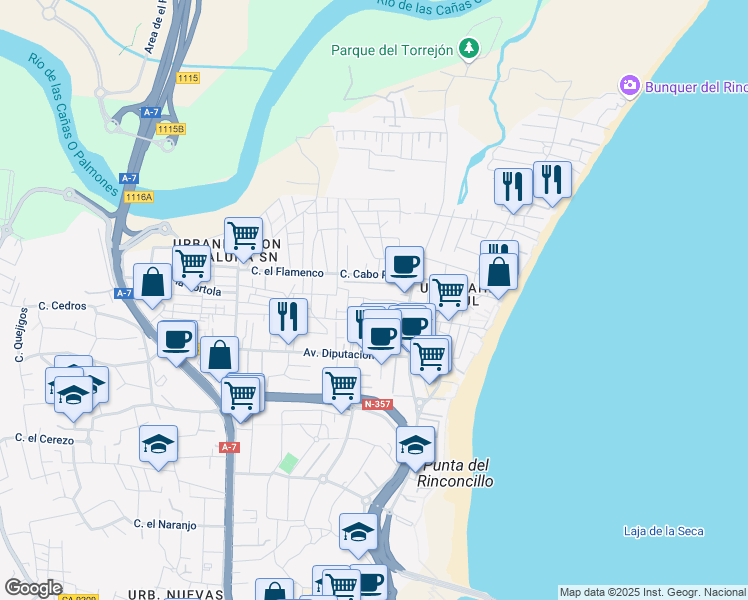 map of restaurants, bars, coffee shops, grocery stores, and more near Calle Cabo Cope in Algeciras