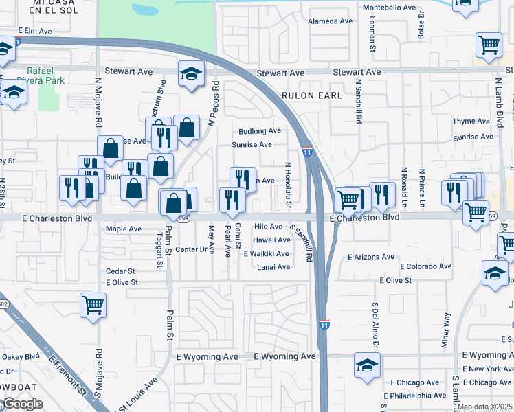 map of restaurants, bars, coffee shops, grocery stores, and more near 3839 East Charleston Boulevard in Las Vegas