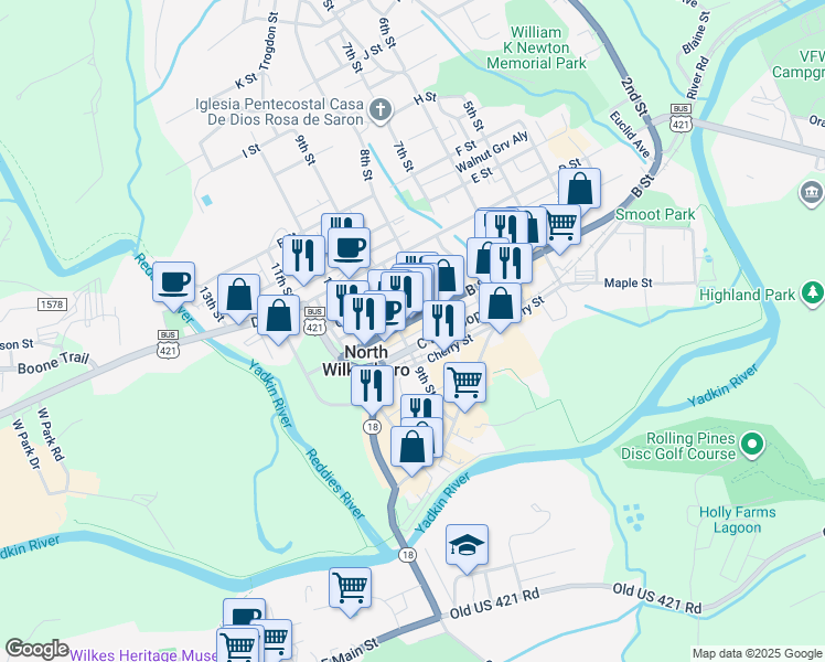 map of restaurants, bars, coffee shops, grocery stores, and more near 445 C B D Loop in North Wilkesboro