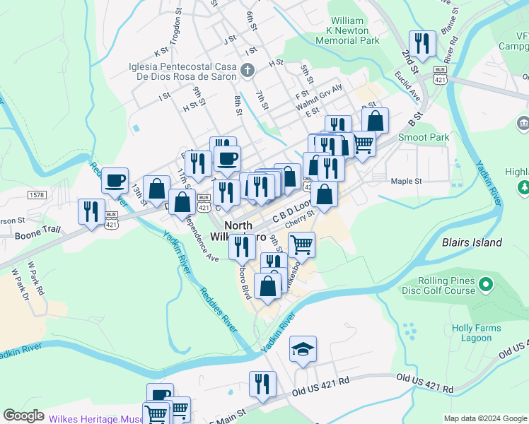 map of restaurants, bars, coffee shops, grocery stores, and more near 445 C B D Loop in North Wilkesboro