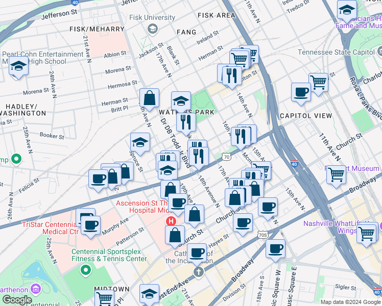 map of restaurants, bars, coffee shops, grocery stores, and more near 416 Doctor DB Todd Junior Boulevard in Nashville