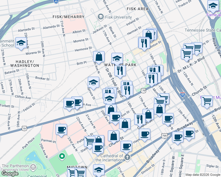 map of restaurants, bars, coffee shops, grocery stores, and more near 1812 Pearl Street in Nashville