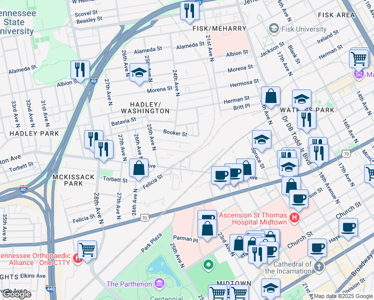 map of restaurants, bars, coffee shops, grocery stores, and more near 2323 Merry Street in Nashville