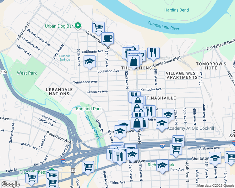 map of restaurants, bars, coffee shops, grocery stores, and more near 5212B Michigan Avenue in Nashville