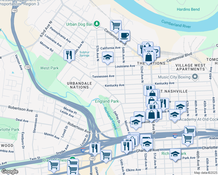 map of restaurants, bars, coffee shops, grocery stores, and more near 5603 Morrow Road in Nashville