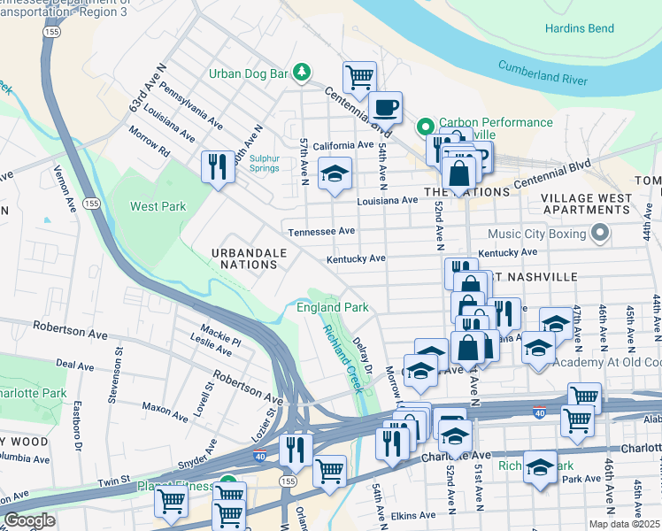 map of restaurants, bars, coffee shops, grocery stores, and more near 5603 Morrow Road in Nashville