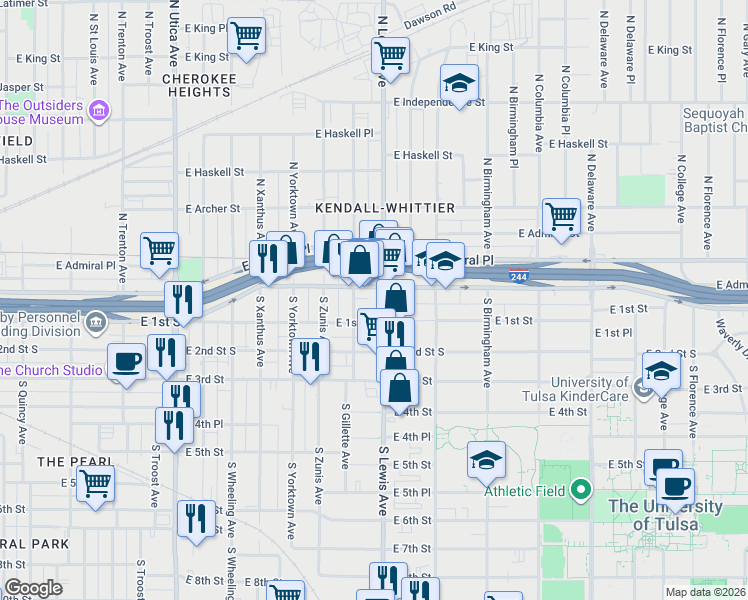 map of restaurants, bars, coffee shops, grocery stores, and more near 21 South Lewis Avenue in Tulsa