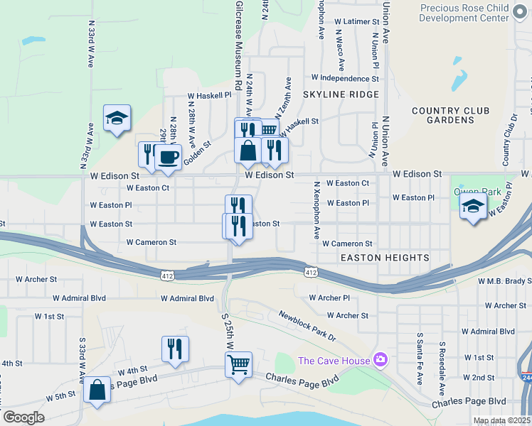 map of restaurants, bars, coffee shops, grocery stores, and more near 509 North 23rd West Avenue in Tulsa