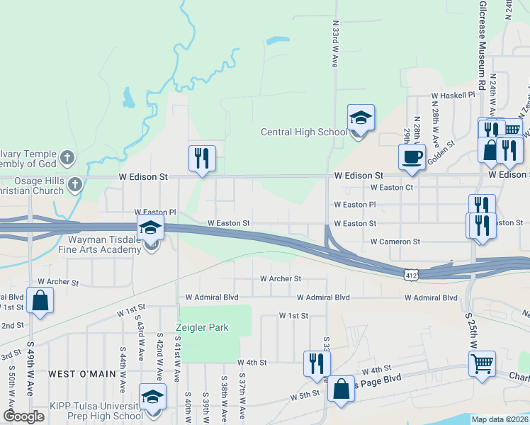 map of restaurants, bars, coffee shops, grocery stores, and more near 3615 West Easton Street in Tulsa