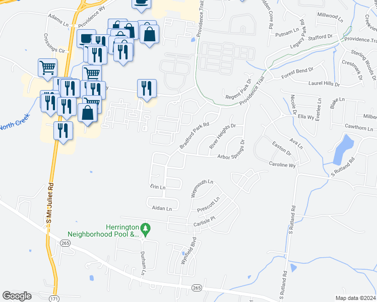 map of restaurants, bars, coffee shops, grocery stores, and more near 760 Arbor Springs Drive in Mount Juliet