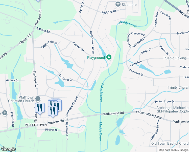 map of restaurants, bars, coffee shops, grocery stores, and more near 4347 Lochurst Drive in Pfafftown
