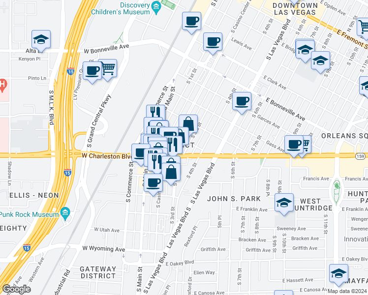 map of restaurants, bars, coffee shops, grocery stores, and more near 251 East Charleston Boulevard in Las Vegas