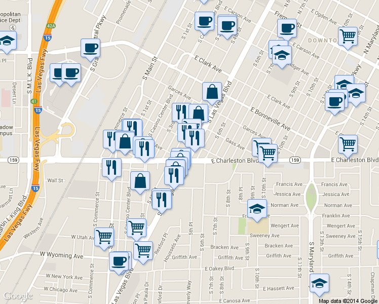 map of restaurants, bars, coffee shops, grocery stores, and more near 910 Las Vegas Blvd S in Las Vegas
