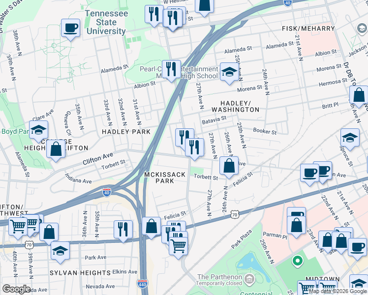 map of restaurants, bars, coffee shops, grocery stores, and more near 704 28th Avenue North in Nashville