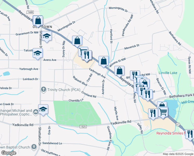 map of restaurants, bars, coffee shops, grocery stores, and more near 3708 Yarbrough Avenue in Winston-Salem