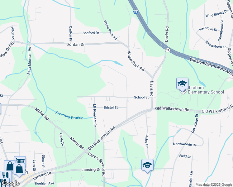 map of restaurants, bars, coffee shops, grocery stores, and more near 2170 School Street in Winston-Salem