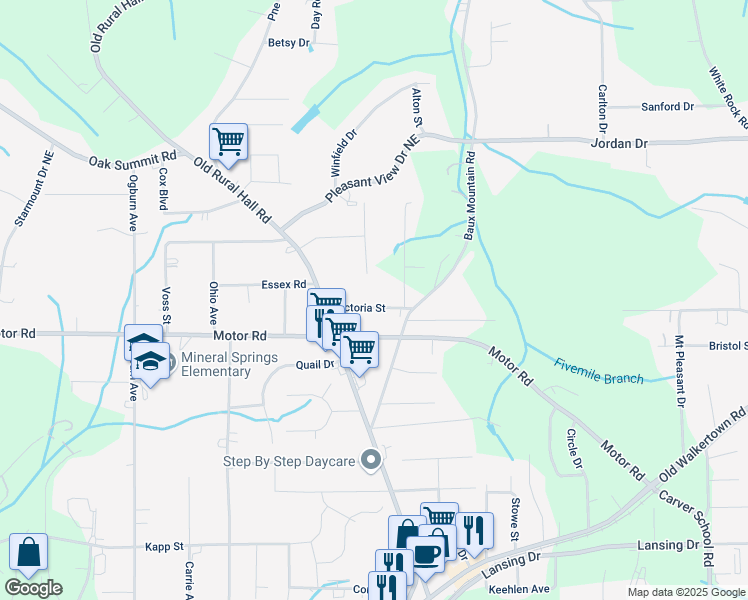 map of restaurants, bars, coffee shops, grocery stores, and more near 1240 Victoria Street in Winston-Salem