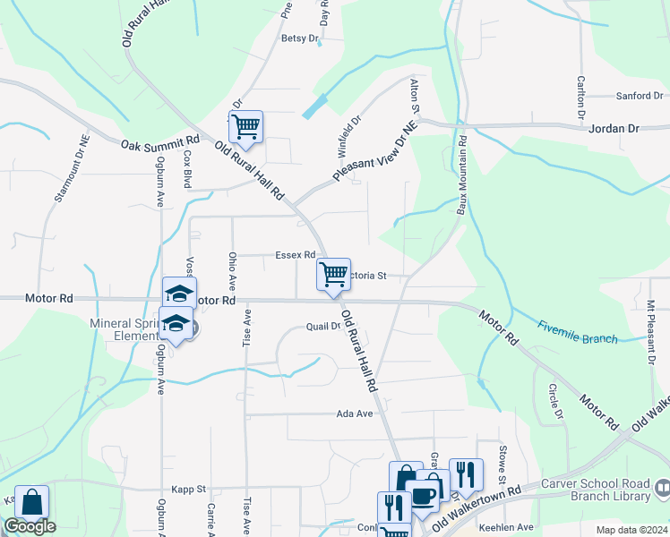 map of restaurants, bars, coffee shops, grocery stores, and more near 4921 Old Rural Hall Road in Winston-Salem