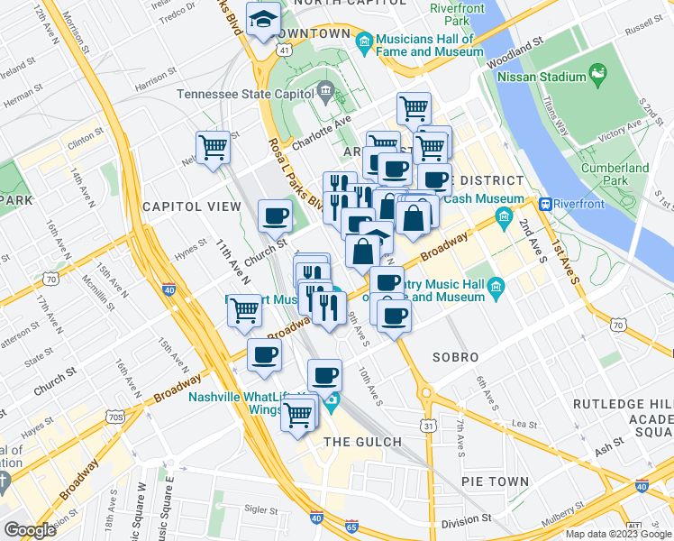 map of restaurants, bars, coffee shops, grocery stores, and more near 901 Commerce Street in Nashville