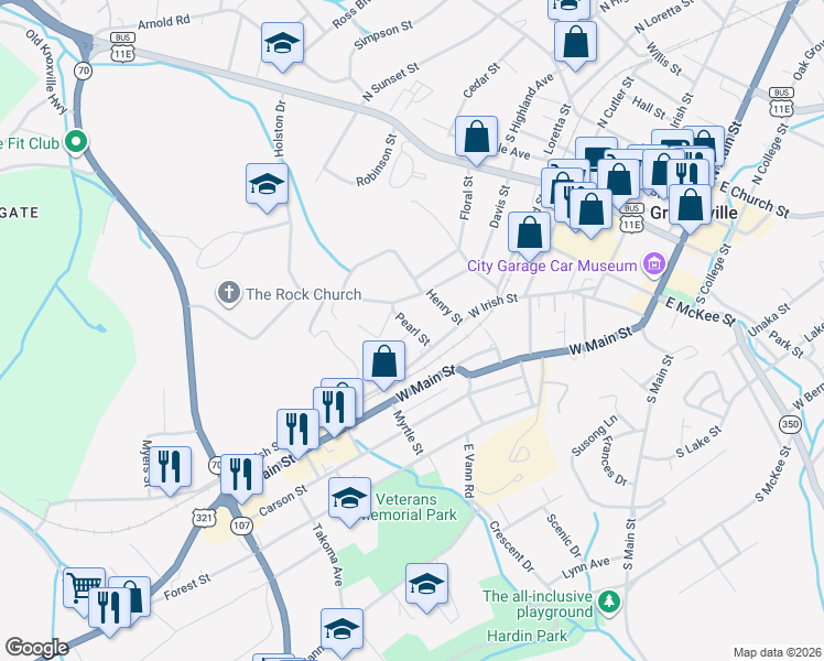 map of restaurants, bars, coffee shops, grocery stores, and more near 101 Pearl Alley in Greeneville