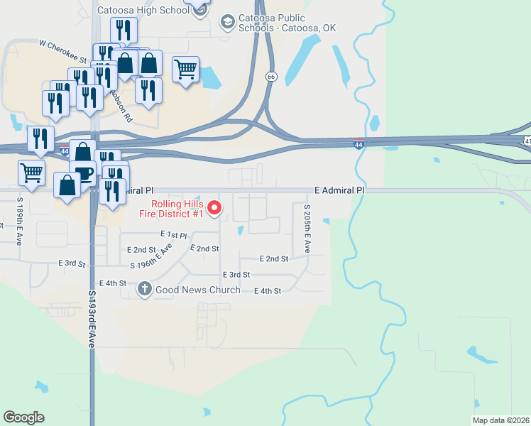 map of restaurants, bars, coffee shops, grocery stores, and more near 20202 East Admiral Place in Catoosa