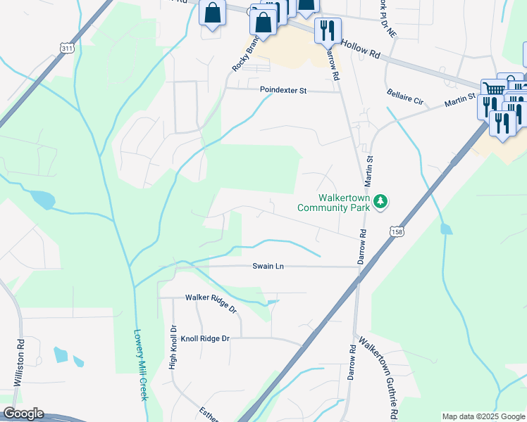 map of restaurants, bars, coffee shops, grocery stores, and more near Rocklane Drive in Walkertown