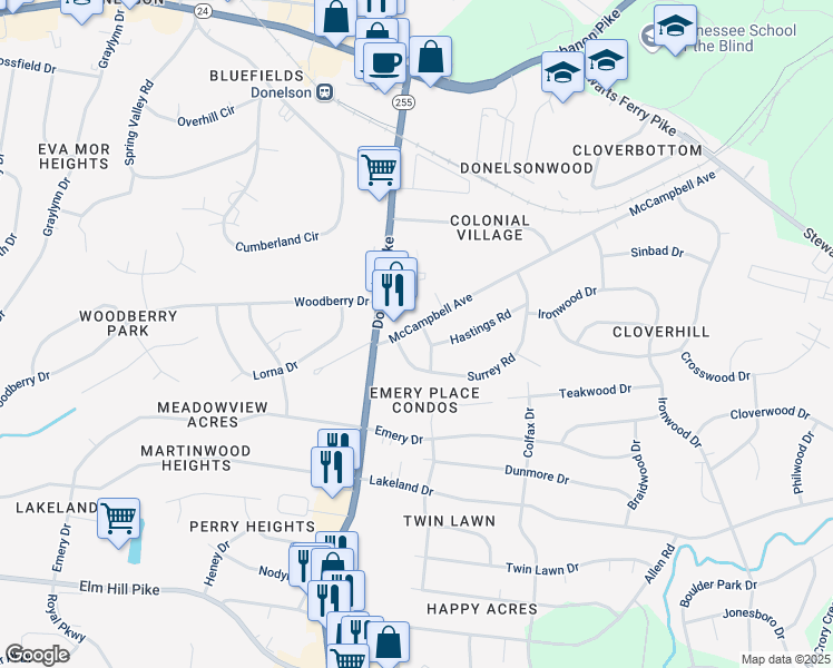 map of restaurants, bars, coffee shops, grocery stores, and more near 304 Kent Road in Nashville