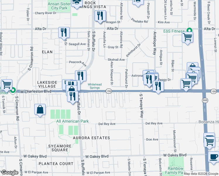 map of restaurants, bars, coffee shops, grocery stores, and more near 1032 Alan Shepard Street in Las Vegas