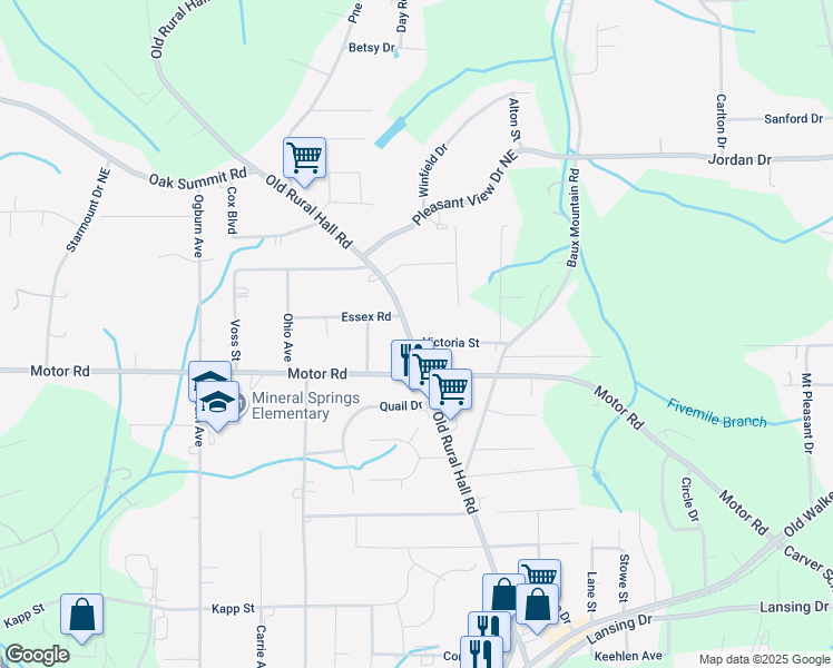 map of restaurants, bars, coffee shops, grocery stores, and more near 4921 Old Rural Hall Road in Winston-Salem