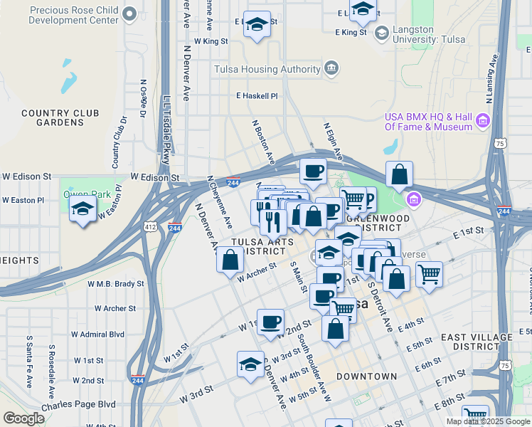 map of restaurants, bars, coffee shops, grocery stores, and more near 302 North Main Street in Tulsa