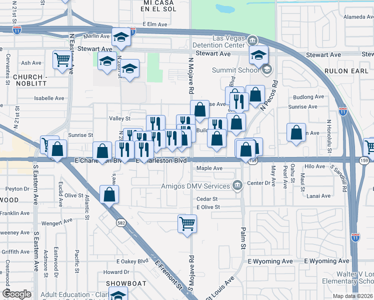map of restaurants, bars, coffee shops, grocery stores, and more near 11 North Mojave Road in Las Vegas