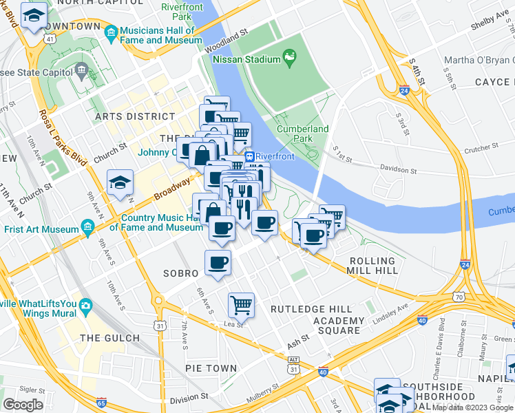 map of restaurants, bars, coffee shops, grocery stores, and more near 222 2nd Avenue South in Nashville