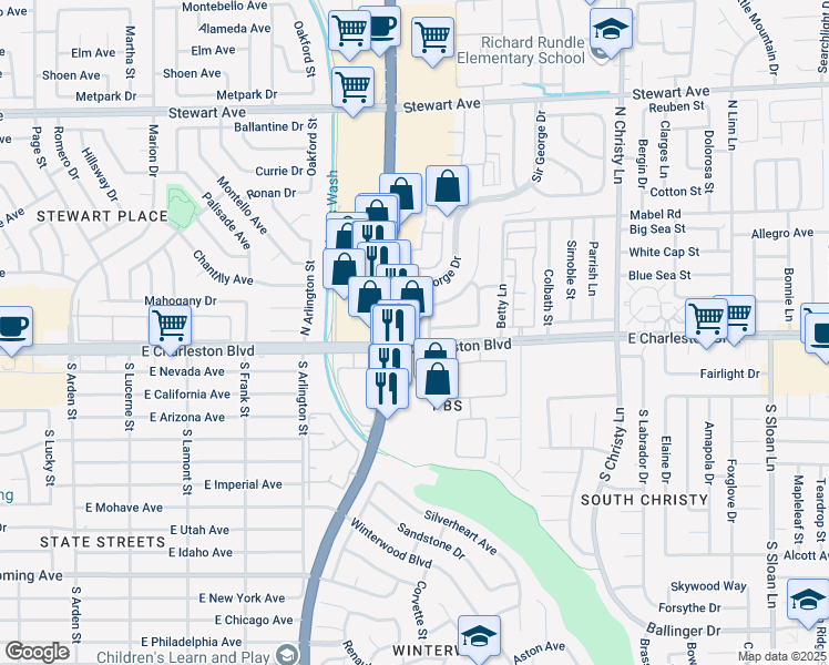 map of restaurants, bars, coffee shops, grocery stores, and more near 5191 Sir James Way in Las Vegas
