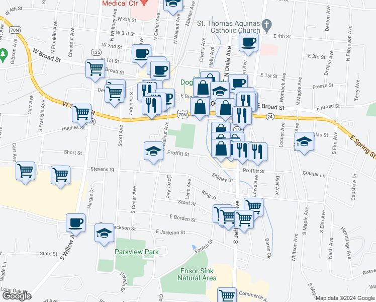 map of restaurants, bars, coffee shops, grocery stores, and more near 103 Proffitt Street in Cookeville
