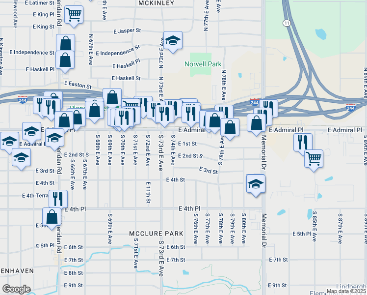 map of restaurants, bars, coffee shops, grocery stores, and more near 7427 East 2nd Street in Tulsa