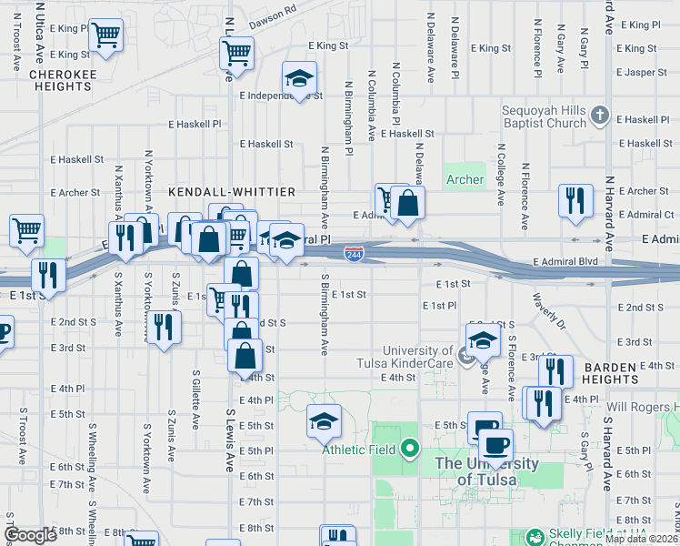 map of restaurants, bars, coffee shops, grocery stores, and more near 2607 East 1st Street in Tulsa