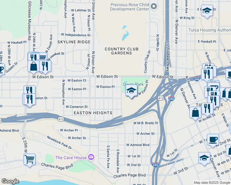 map of restaurants, bars, coffee shops, grocery stores, and more near 504 North Quanah Avenue in Tulsa