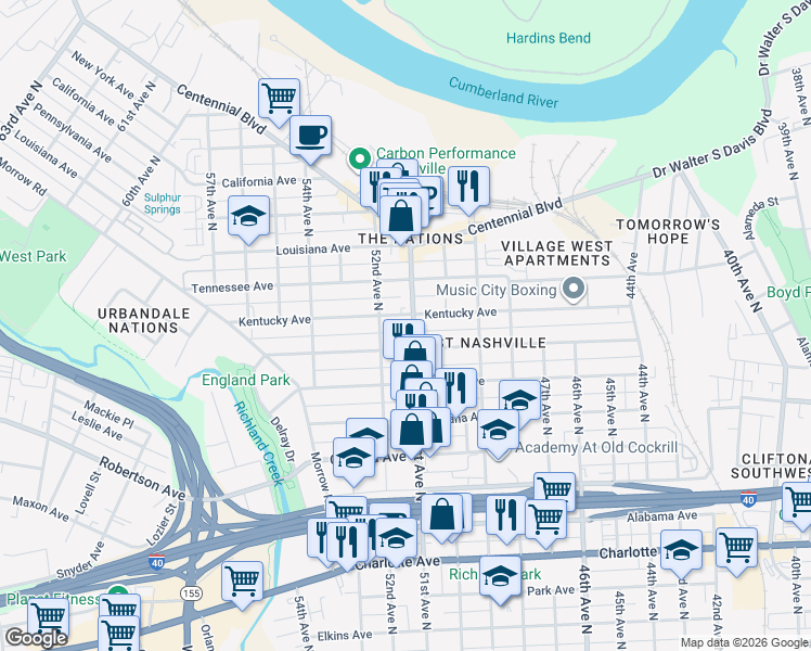 map of restaurants, bars, coffee shops, grocery stores, and more near 5112 Michigan Avenue in Nashville
