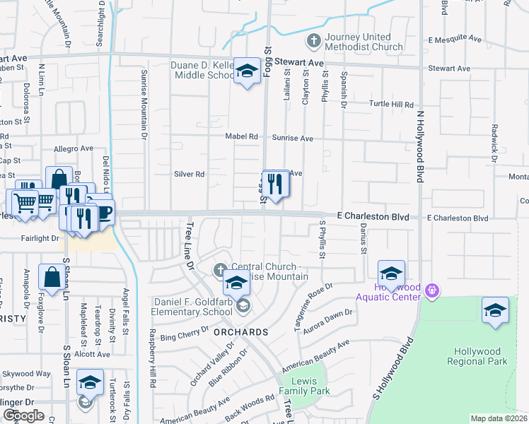 map of restaurants, bars, coffee shops, grocery stores, and more near 2 North Fogg Street in Las Vegas