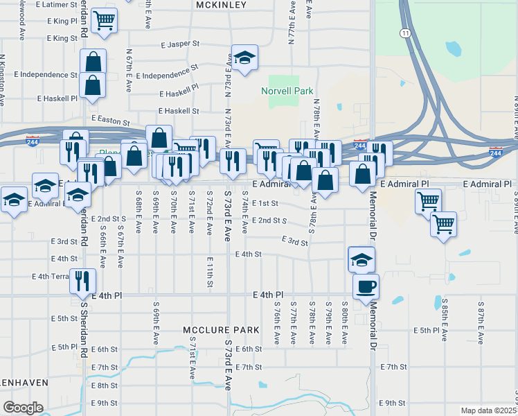 map of restaurants, bars, coffee shops, grocery stores, and more near 7427 East 2nd Street in Tulsa