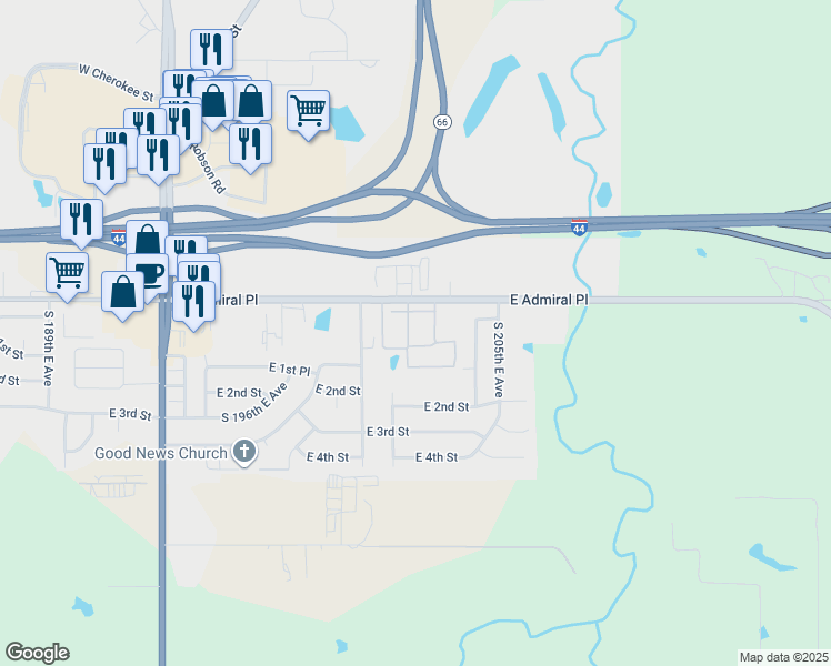 map of restaurants, bars, coffee shops, grocery stores, and more near 20222 East Admiral Place in Catoosa
