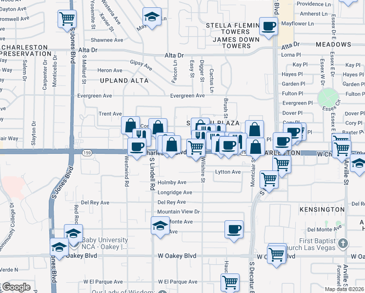 map of restaurants, bars, coffee shops, grocery stores, and more near 5250 West Charleston Boulevard in Las Vegas