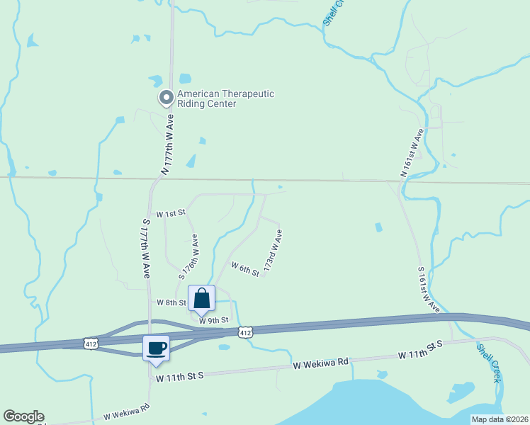 map of restaurants, bars, coffee shops, grocery stores, and more near 202 173rd West Avenue in Sand Springs