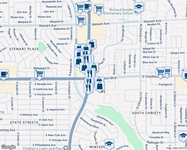 map of restaurants, bars, coffee shops, grocery stores, and more near in Sunrise Manor