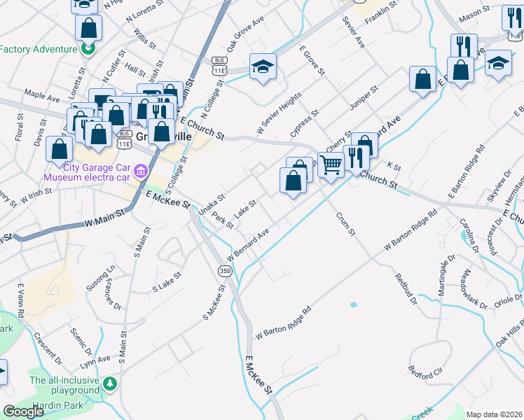 map of restaurants, bars, coffee shops, grocery stores, and more near 1210 Bernard Road in Greeneville
